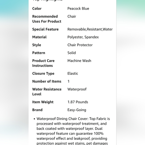 NEW Easy-Going 100% Waterproof Dining Room Chair Cover Set of 4, peacock blue - Picture 5 of 9